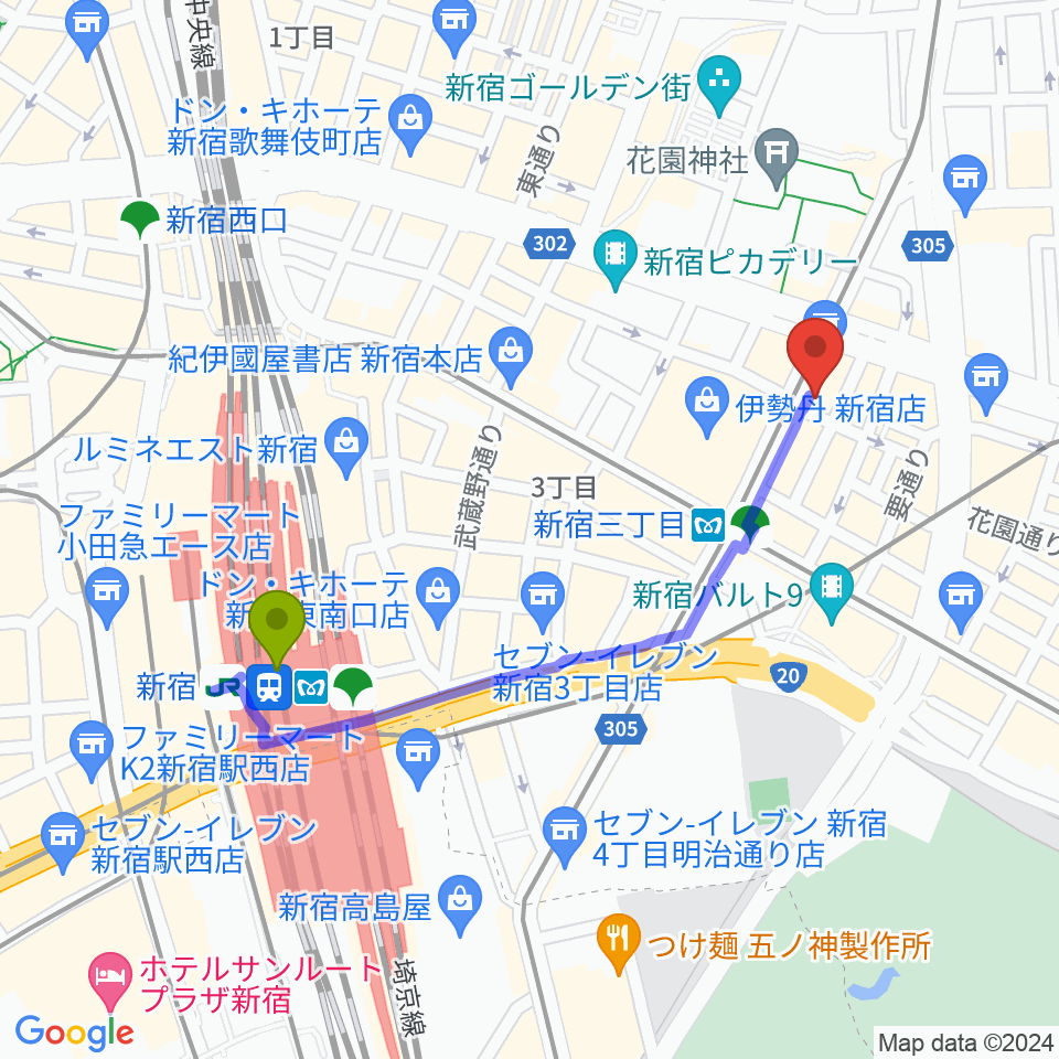 新宿駅からキノシネマ新宿へのルートマップ地図