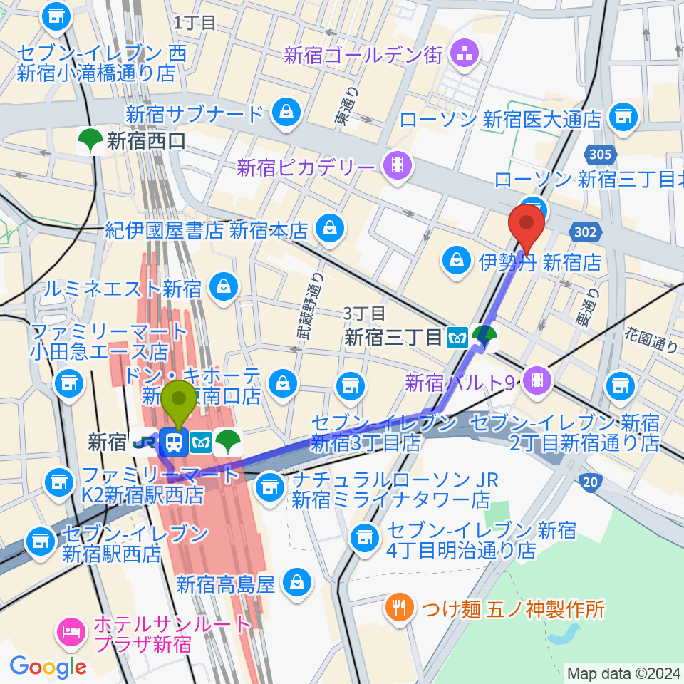 新宿駅からキノシネマ新宿へのルートマップ地図