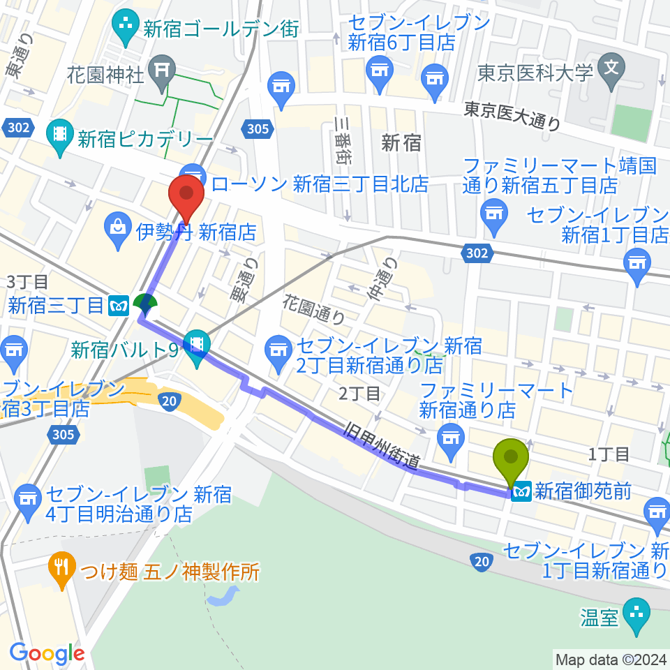 新宿御苑前駅からキノシネマ新宿へのルートマップ地図