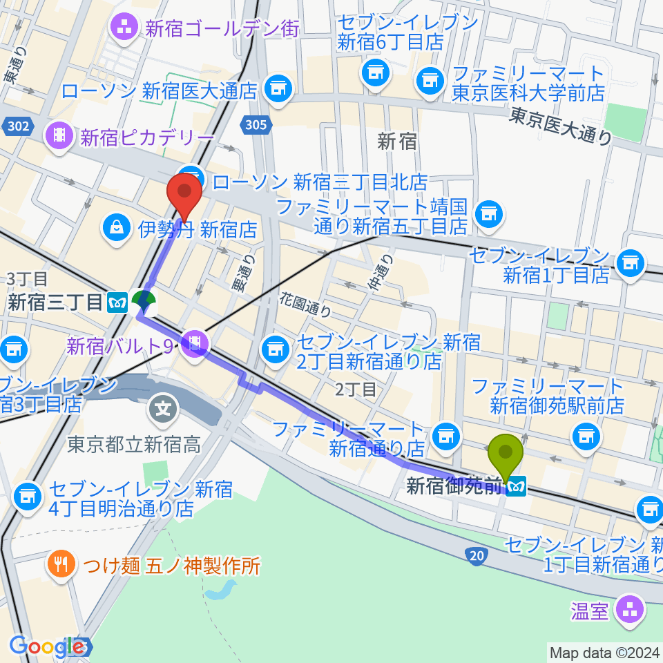 新宿御苑前駅からキノシネマ新宿へのルートマップ地図