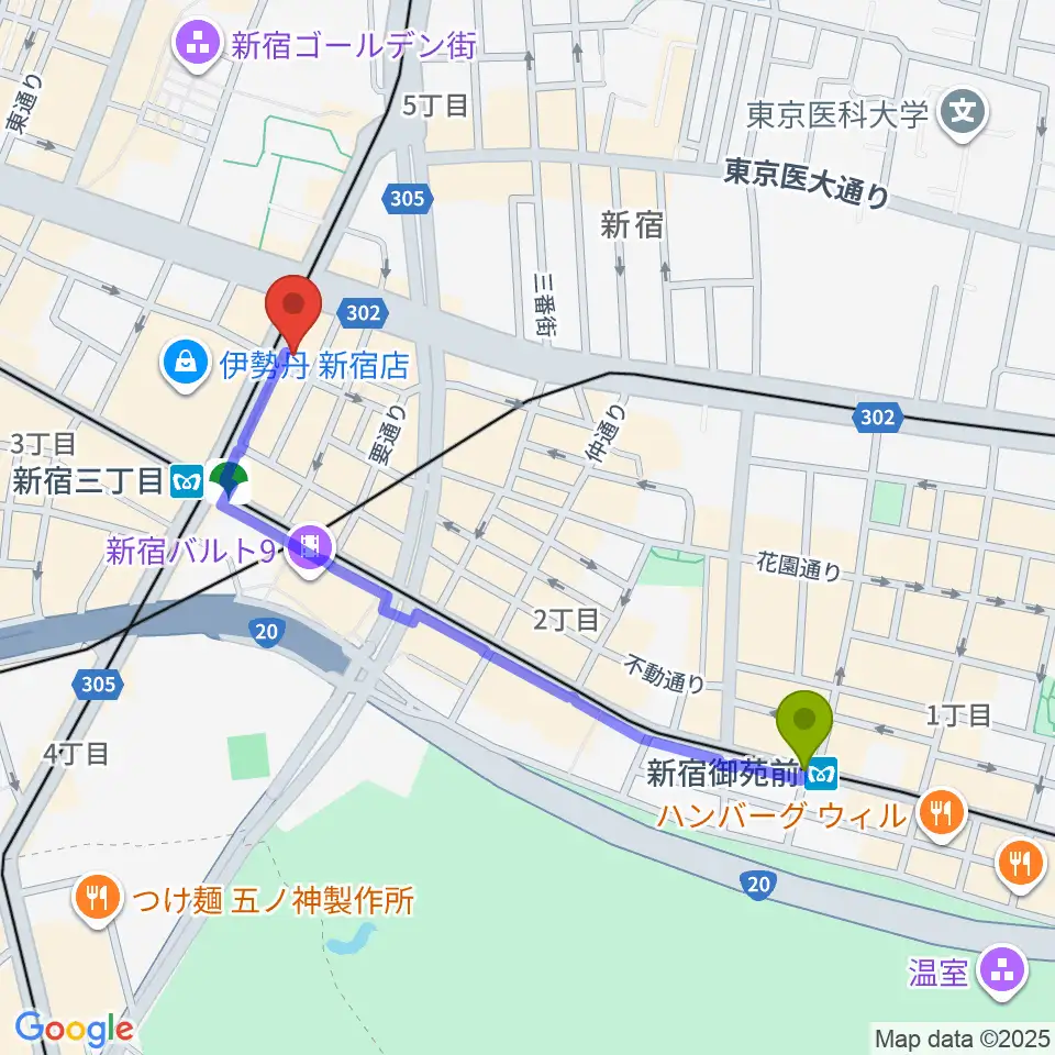 新宿御苑前駅からキノシネマ新宿へのルートマップ地図