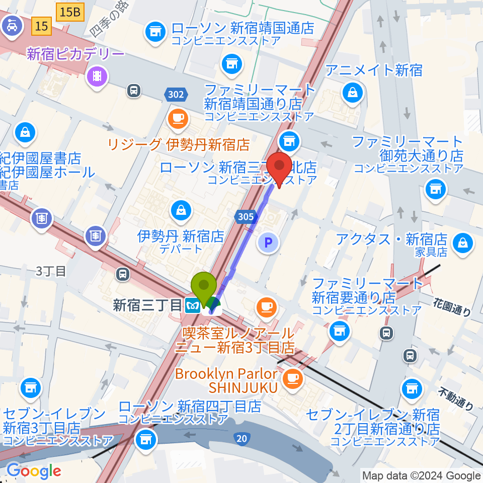 キノシネマ新宿の最寄駅新宿三丁目駅からの徒歩ルート（約2分）地図