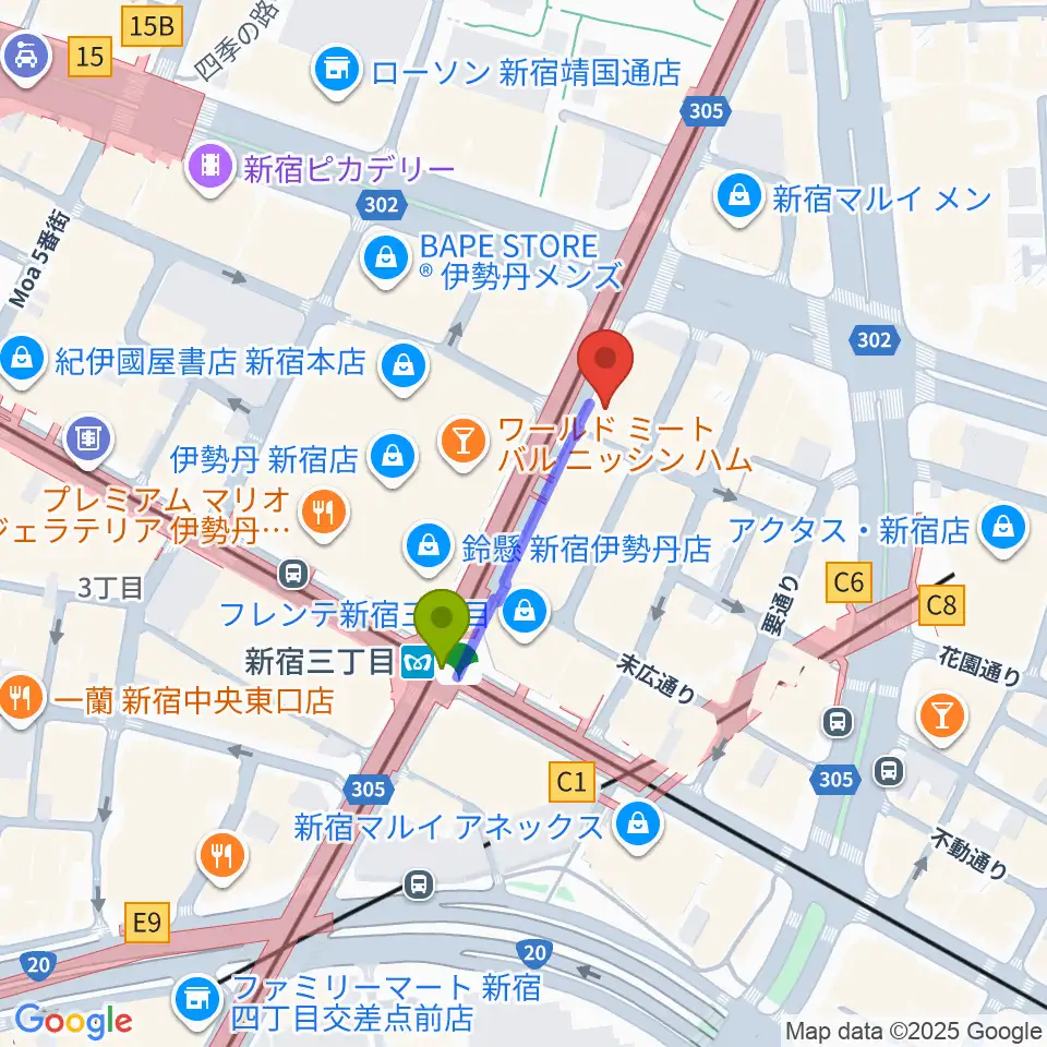キノシネマ新宿の最寄駅新宿三丁目駅からの徒歩ルート（約2分）地図