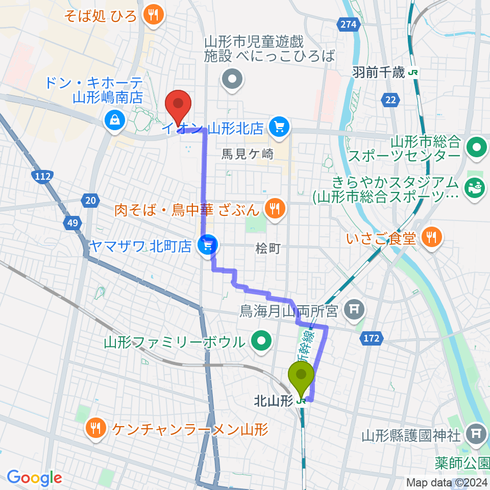 北山形駅からMOVIE ON やまがたへのルートマップ地図