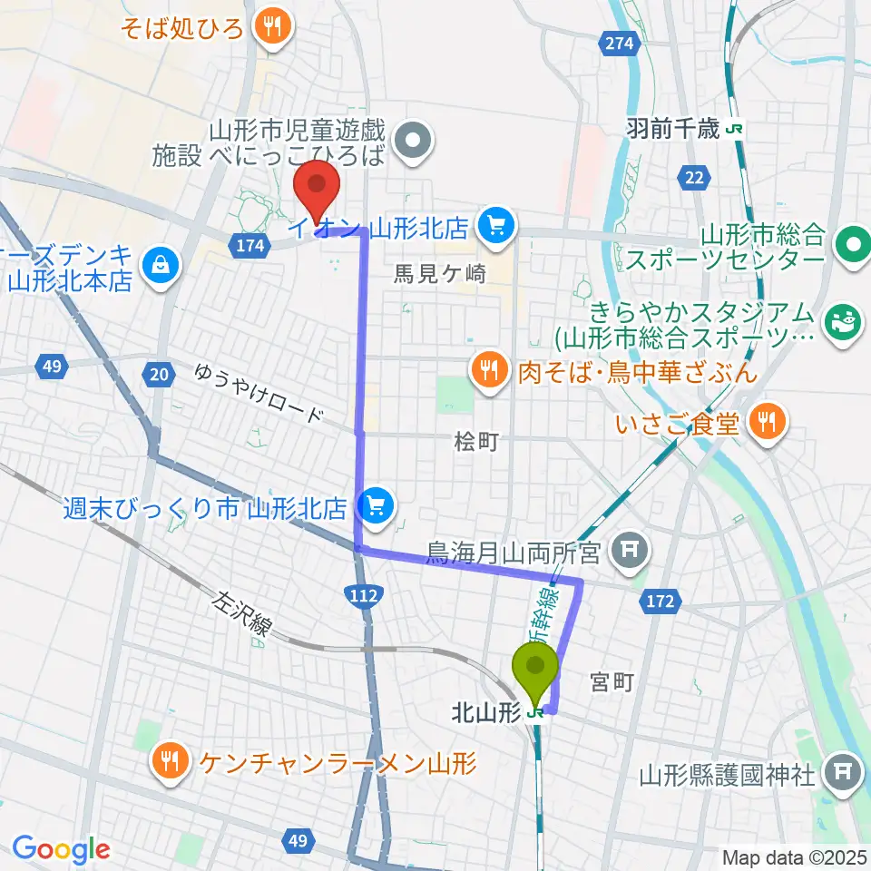 北山形駅からMOVIE ON やまがたへのルートマップ地図