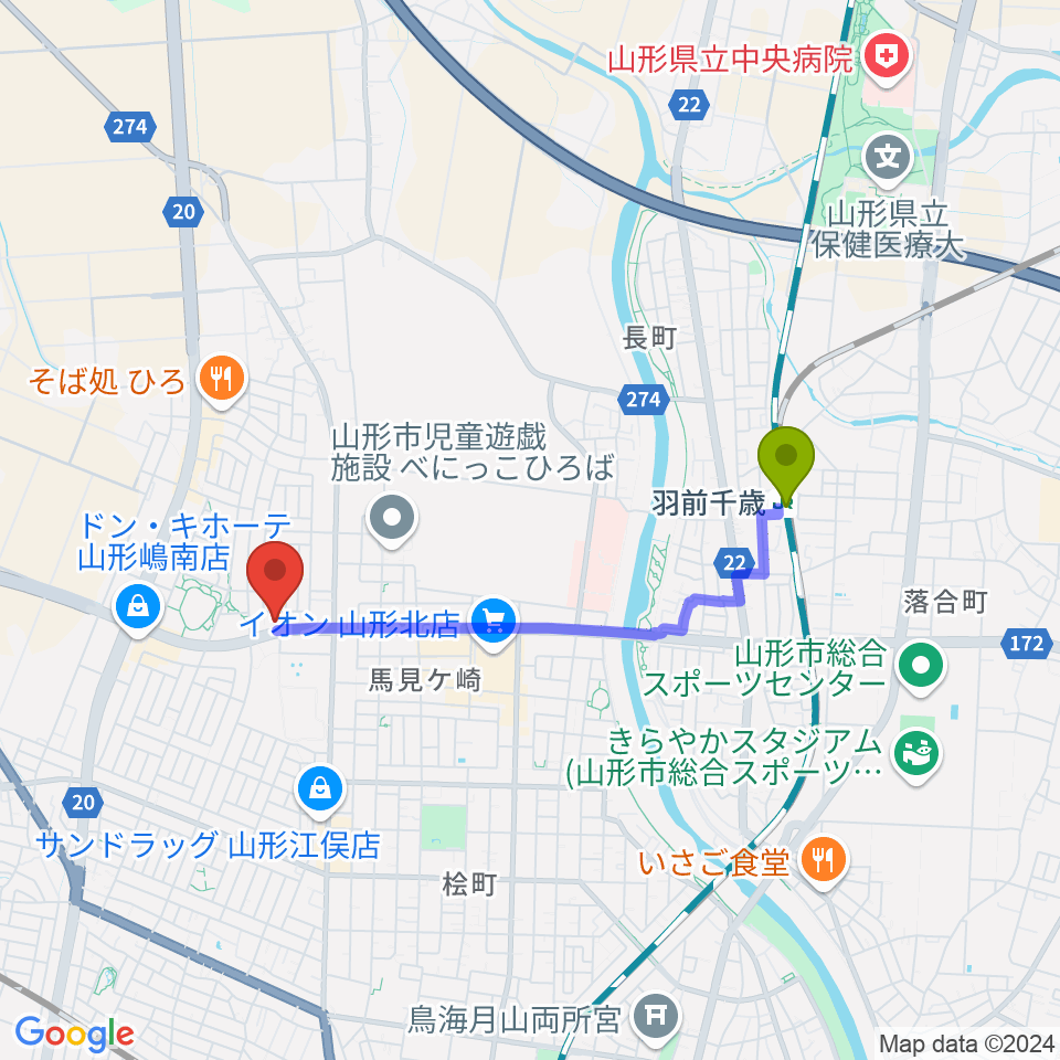 MOVIE ON やまがたの最寄駅羽前千歳駅からの徒歩ルート（約30分）地図