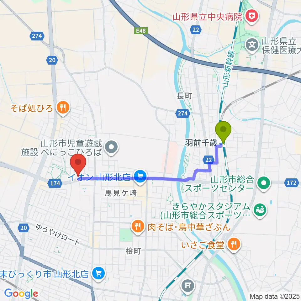 MOVIE ON やまがたの最寄駅羽前千歳駅からの徒歩ルート（約30分）地図