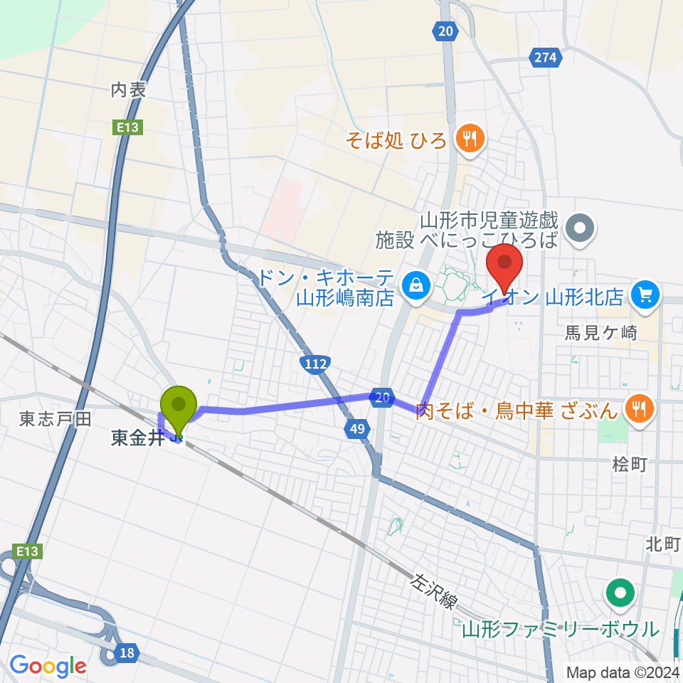 東金井駅からMOVIE ON やまがたへのルートマップ地図