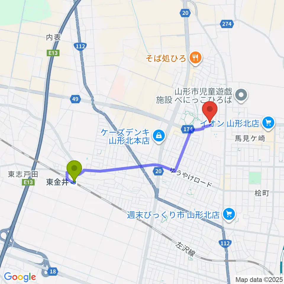 東金井駅からMOVIE ON やまがたへのルートマップ地図