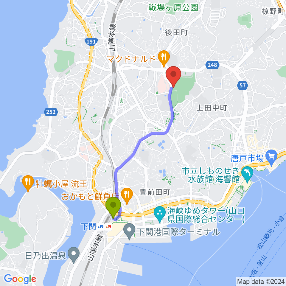 下関駅からJ:COMアリーナ下関へのルートマップ地図
