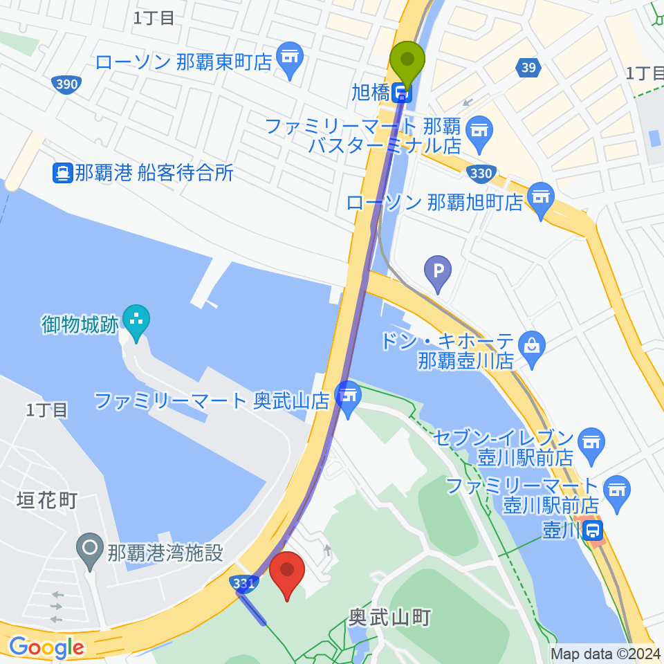 旭橋駅から沖縄県立武道館へのルートマップ地図