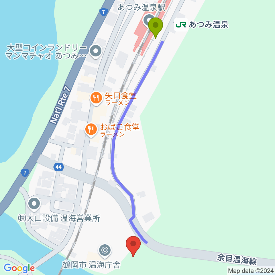 鶴岡市温海ふれあいセンターの最寄駅あつみ温泉駅からの徒歩ルート（約6分）地図