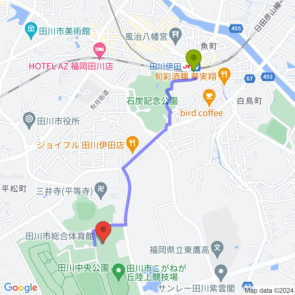 田川伊田駅から田川市総合体育館へのルートマップ地図