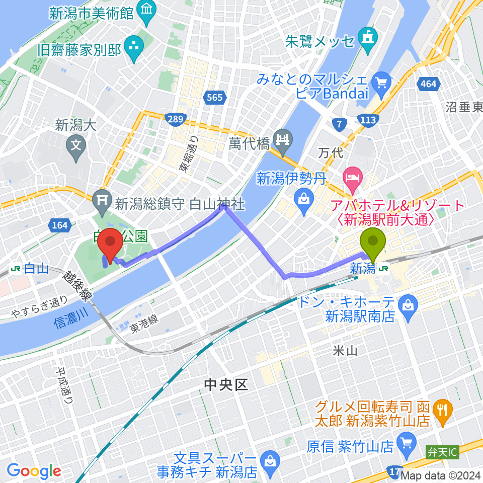 新潟駅から新潟市体育館へのルートマップ地図