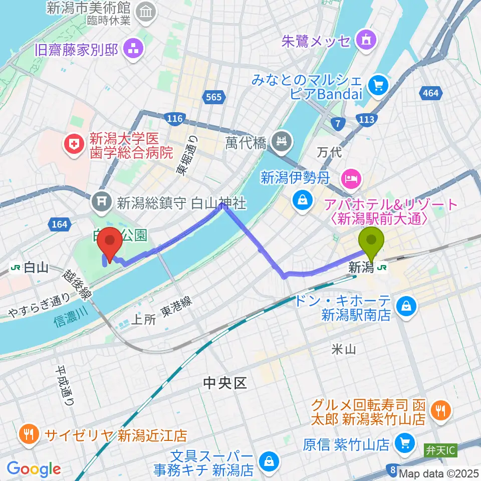 新潟駅から新潟市体育館へのルートマップ地図