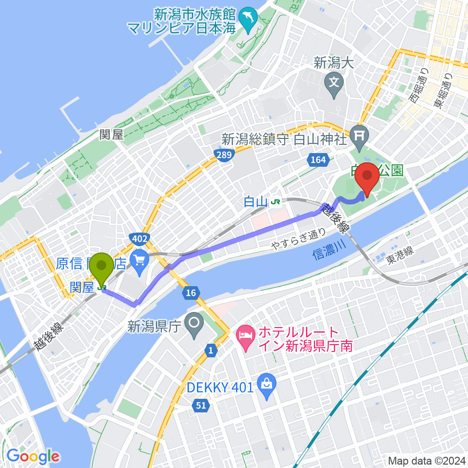 関屋駅から新潟市体育館へのルートマップ地図