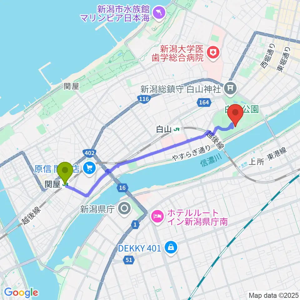 関屋駅から新潟市体育館へのルートマップ地図