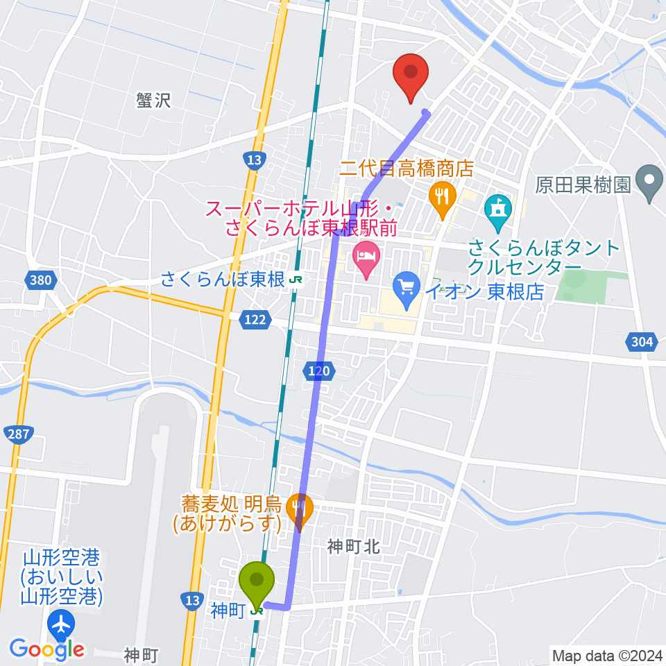 神町駅から東根市中央運動公園体育館へのルートマップ地図