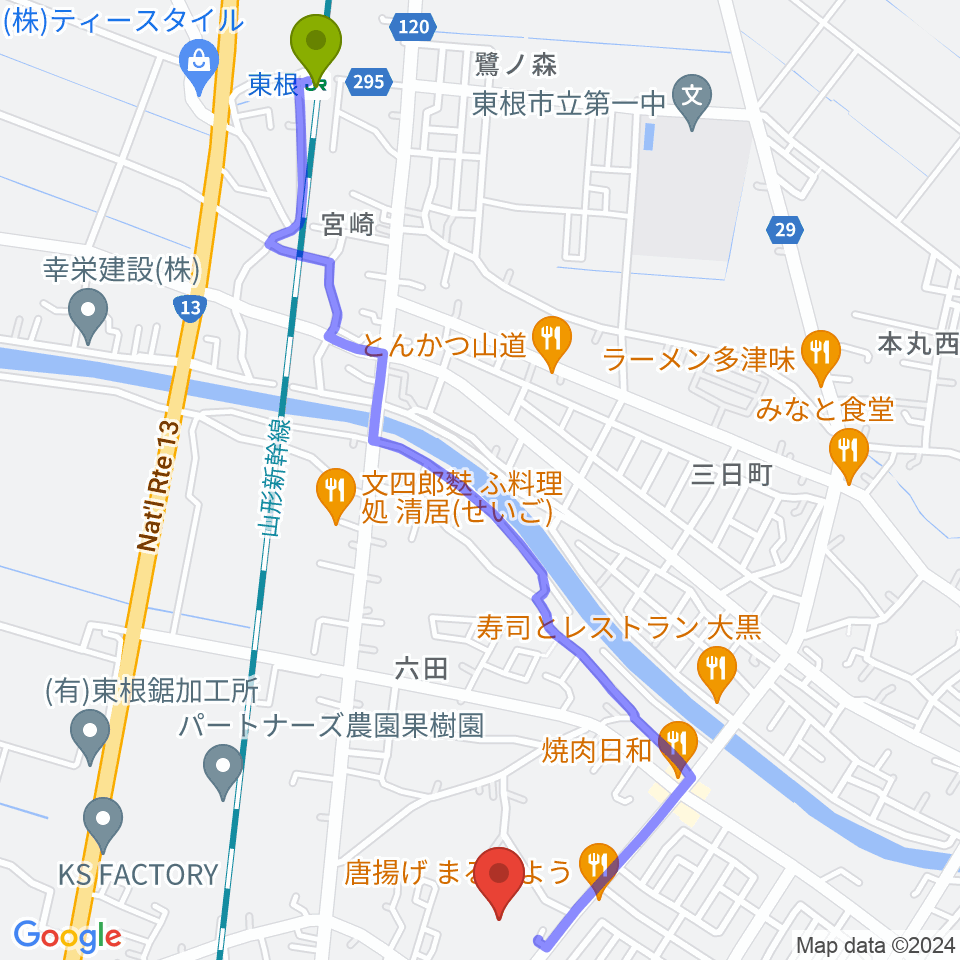 東根駅から東根市中央運動公園体育館へのルートマップ地図