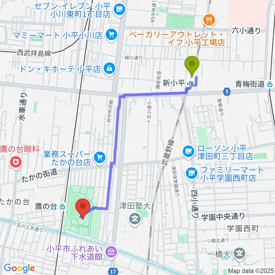 新小平駅から小平市民総合体育館へのルートマップ地図