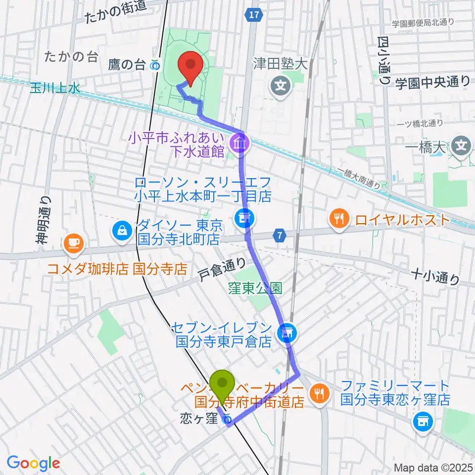 恋ヶ窪駅から小平市民総合体育館へのルートマップ地図