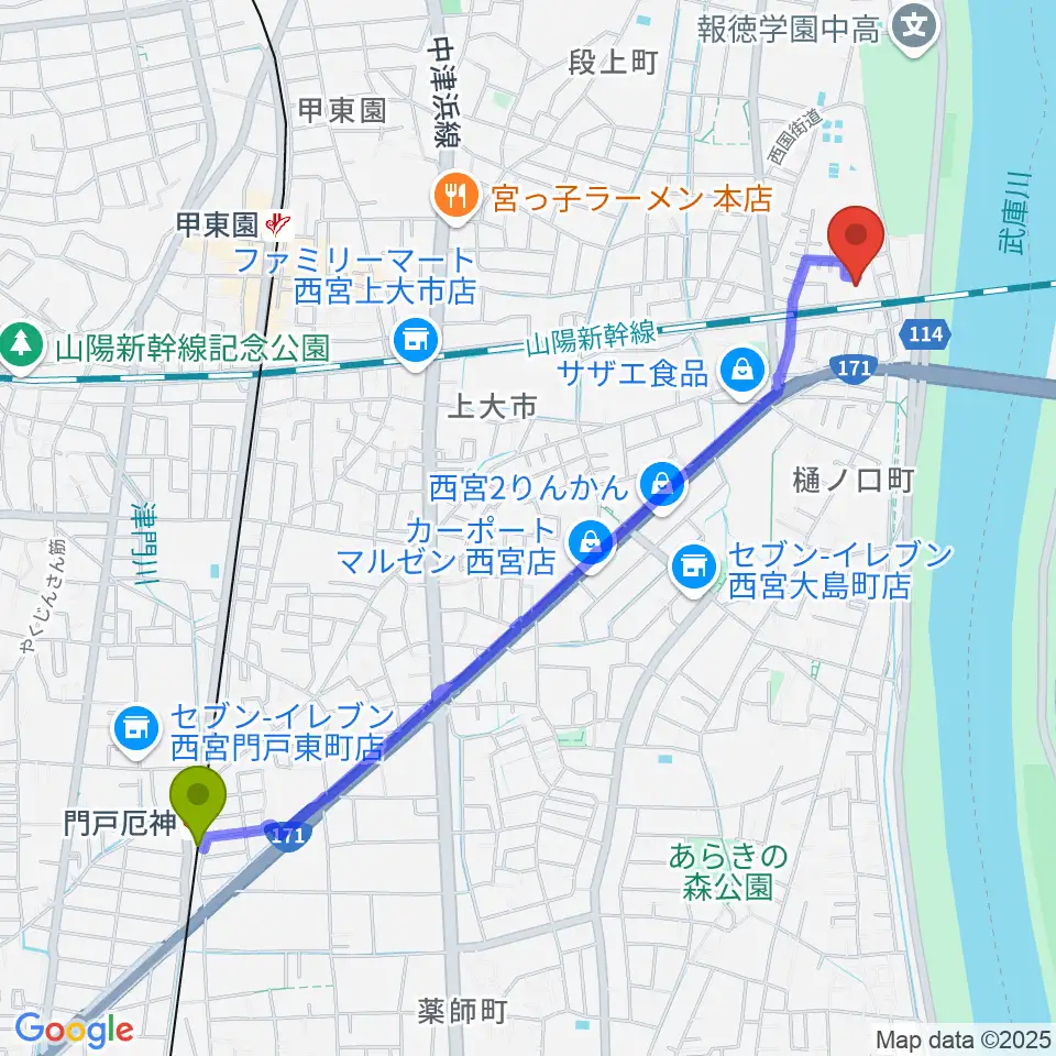 門戸厄神駅から西宮市甲武体育館へのルートマップ地図