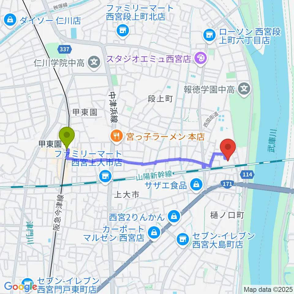 西宮市甲武体育館の最寄駅甲東園駅からの徒歩ルート（約17分）地図