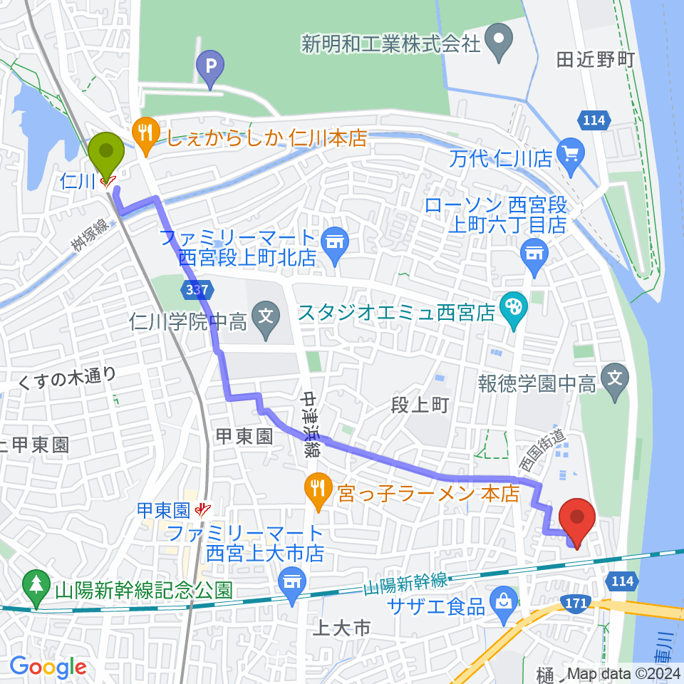 仁川駅から西宮市甲武体育館へのルートマップ地図