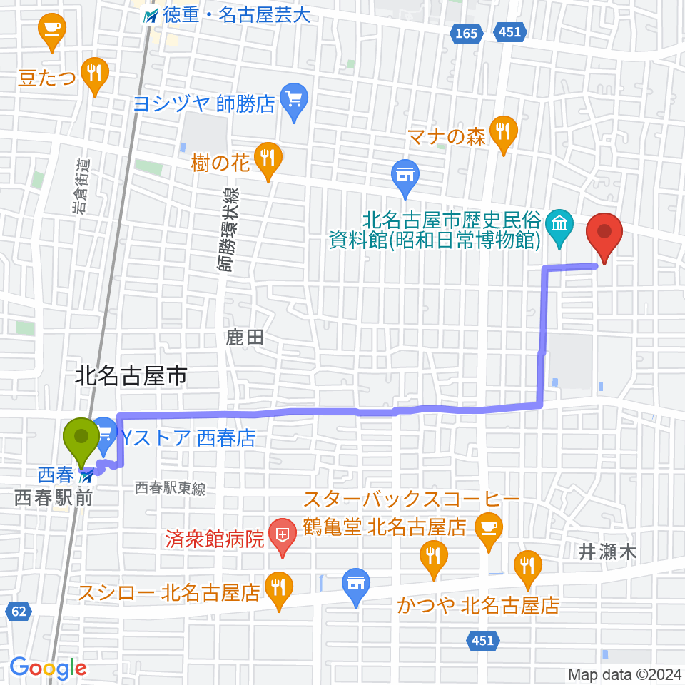 西春駅から北名古屋市総合体育館へのルートマップ地図