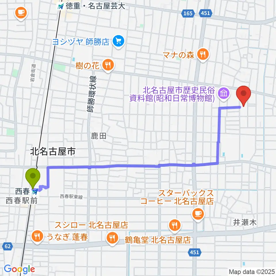 西春駅から北名古屋市総合体育館へのルートマップ地図