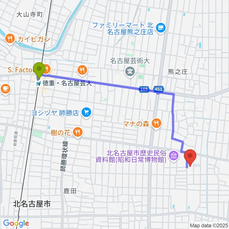 北名古屋市総合体育館の最寄駅徳重・名古屋芸大駅からの徒歩ルート（約24分）地図