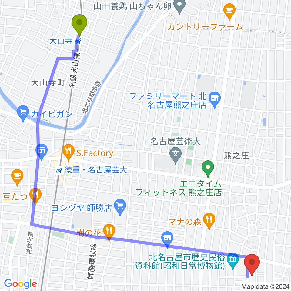 大山寺駅から北名古屋市総合体育館へのルートマップ地図