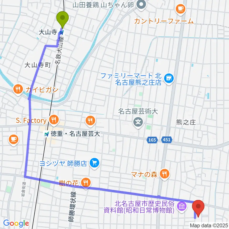 大山寺駅から北名古屋市総合体育館へのルートマップ地図