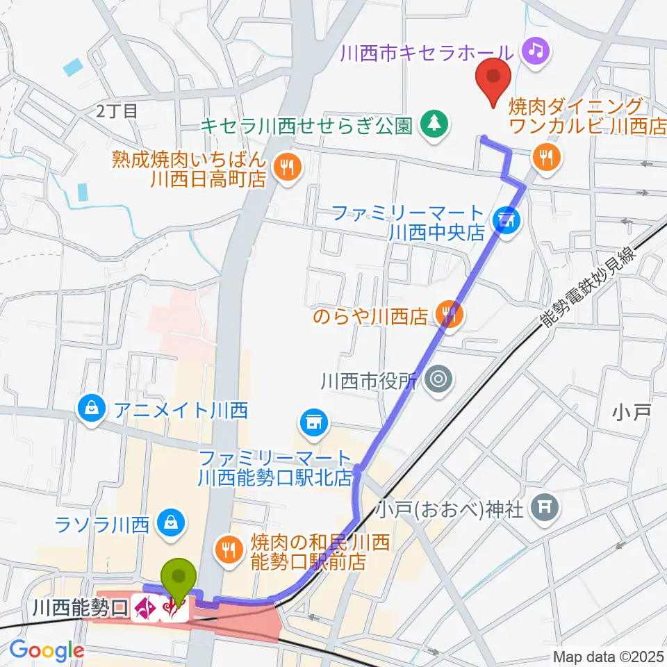 川西能勢口駅から川西市総合体育館へのルートマップ地図