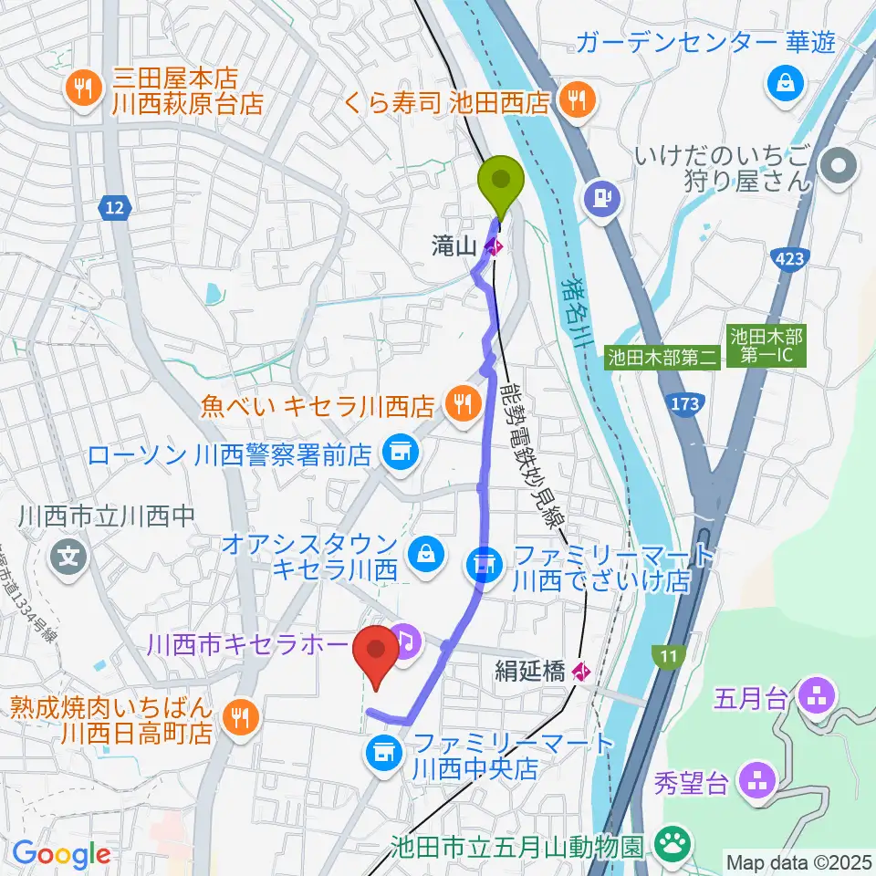 滝山駅から川西市総合体育館へのルートマップ地図