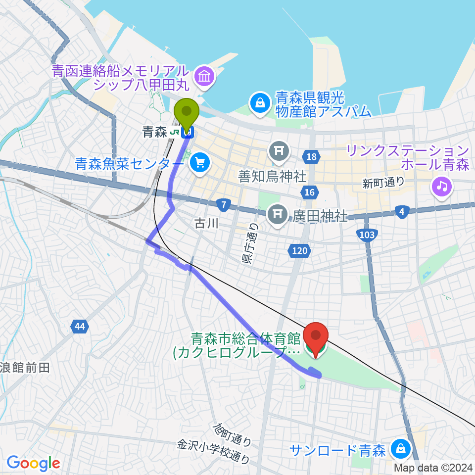 カクヒログループスーパーアリーナの最寄駅青森駅からの徒歩ルート（約31分）地図