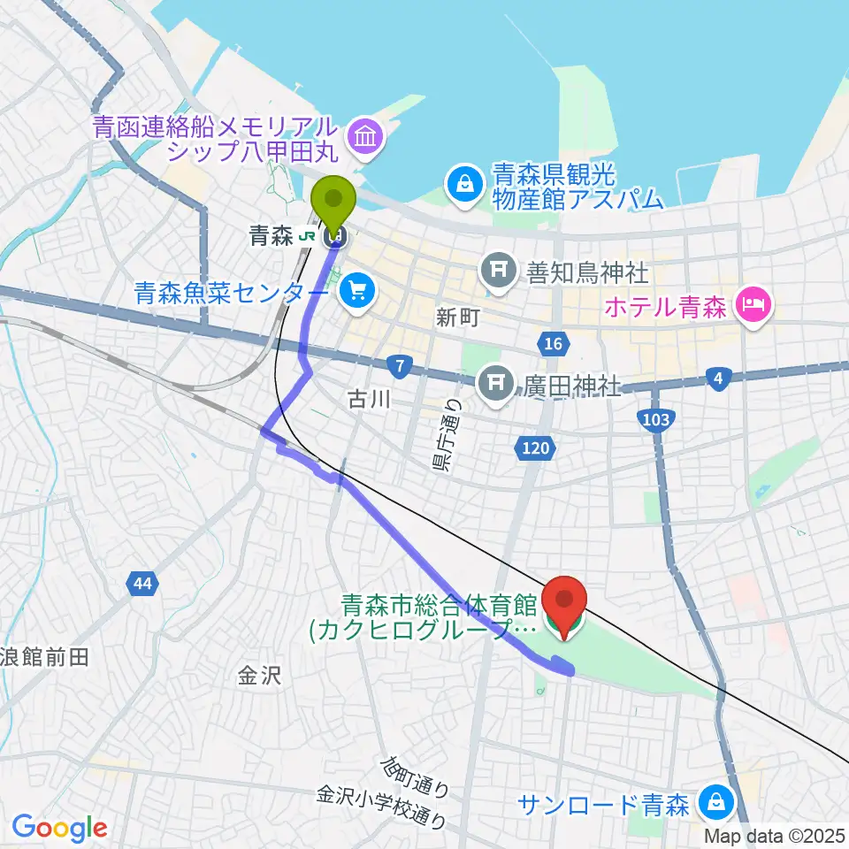 カクヒログループスーパーアリーナの最寄駅青森駅からの徒歩ルート（約31分）地図