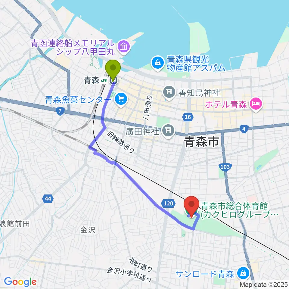 カクヒログループスーパーアリーナの最寄駅青森駅からの徒歩ルート（約31分）地図