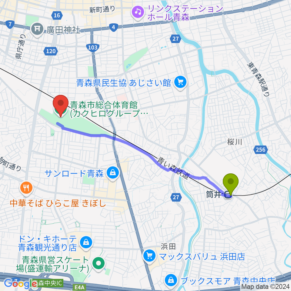 筒井駅からカクヒログループスーパーアリーナへのルートマップ地図