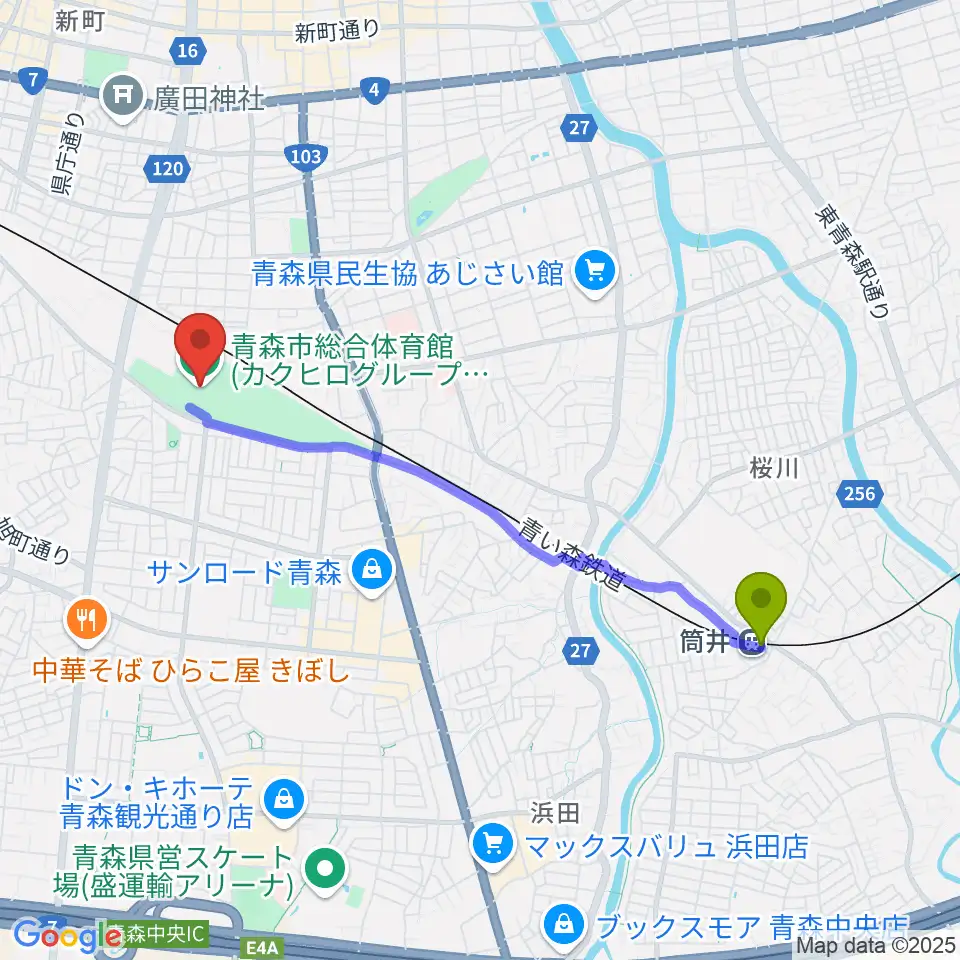 筒井駅からカクヒログループスーパーアリーナへのルートマップ地図