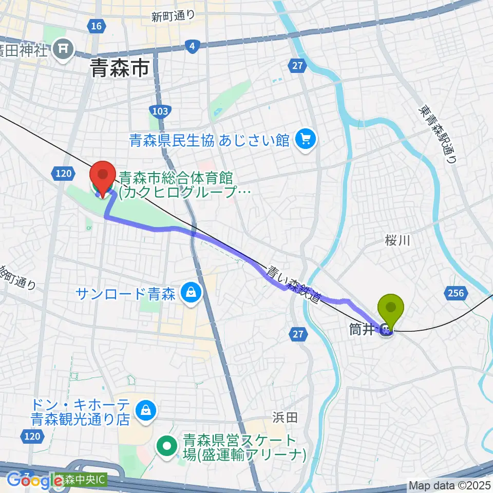 筒井駅からカクヒログループスーパーアリーナへのルートマップ地図
