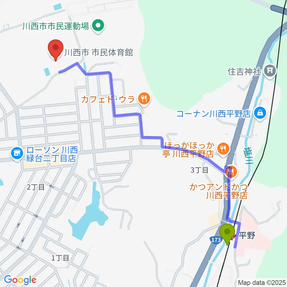 川西市市民体育館の最寄駅平野駅からの徒歩ルート（約14分）地図