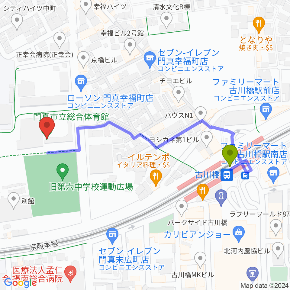 門真市立総合体育館の最寄駅古川橋駅からの徒歩ルート（約5分）地図