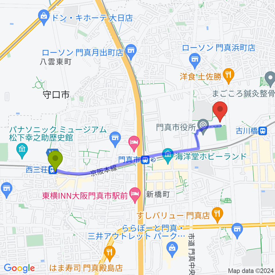西三荘駅から門真市立総合体育館へのルートマップ地図