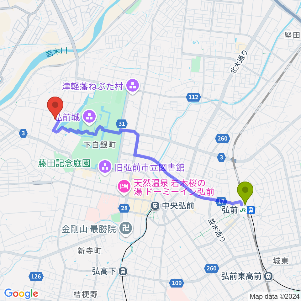 弘前駅から弘前市民体育館へのルートマップ地図