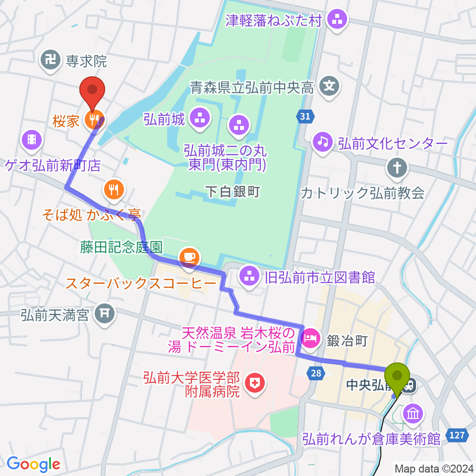 弘前市民体育館の最寄駅中央弘前駅からの徒歩ルート（約25分）地図