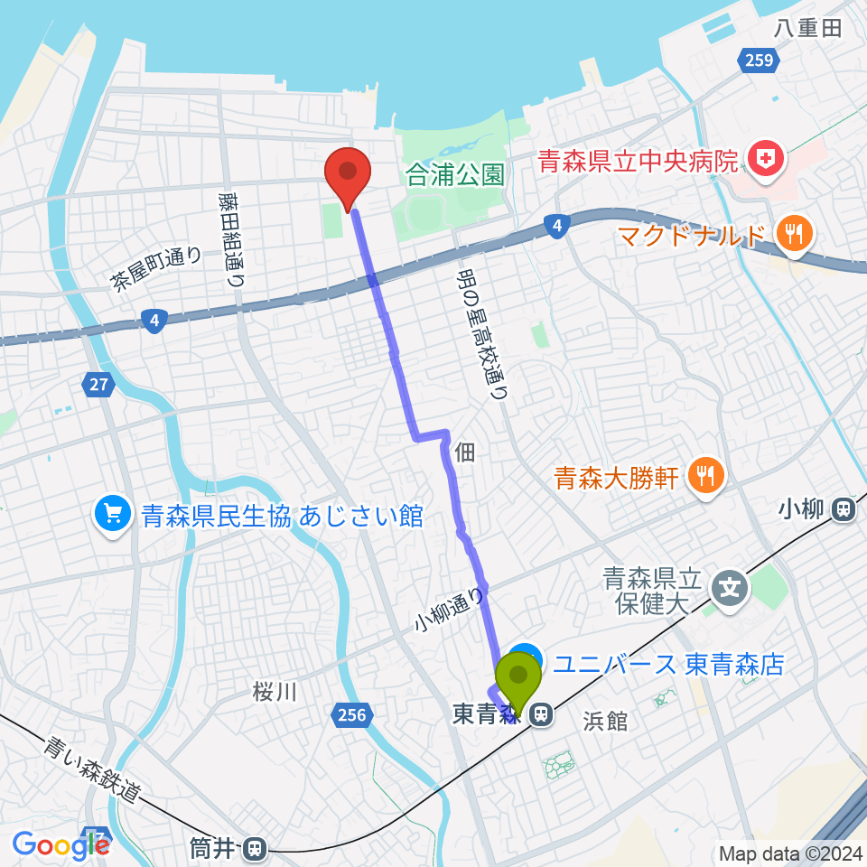 オカでんアリーナの最寄駅東青森駅からの徒歩ルート（約35分）地図