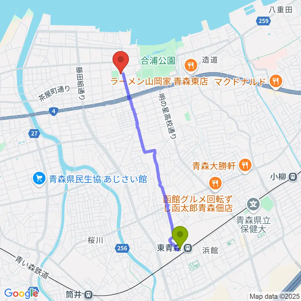 オカでんアリーナの最寄駅東青森駅からの徒歩ルート（約35分）地図