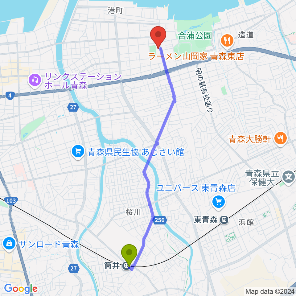 筒井駅からオカでんアリーナへのルートマップ地図