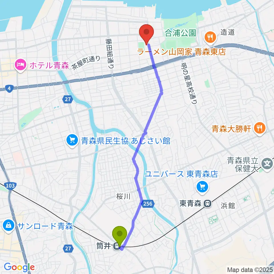 筒井駅からオカでんアリーナへのルートマップ地図